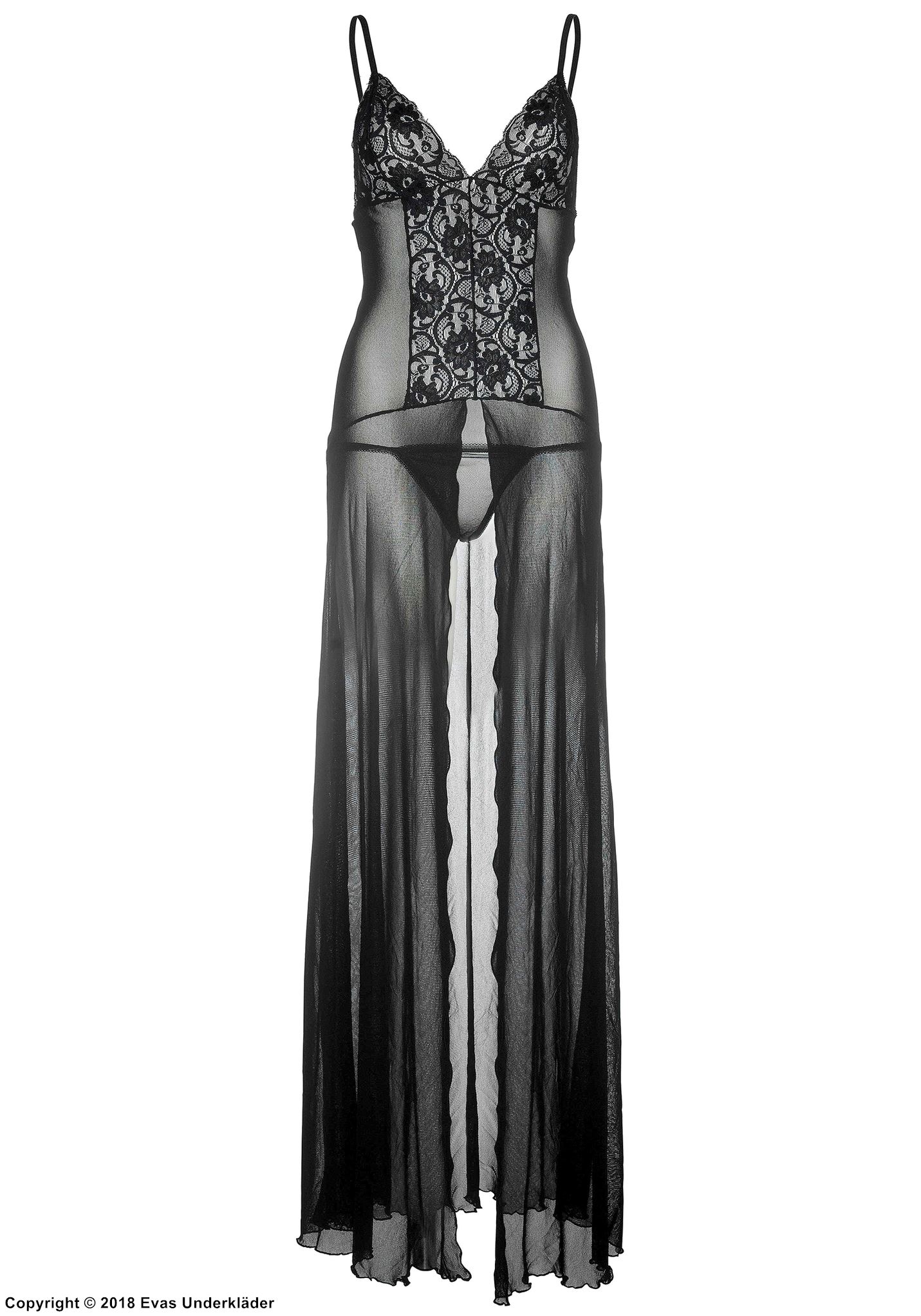 Long negligee, high slit, lace panel, mesh skirt